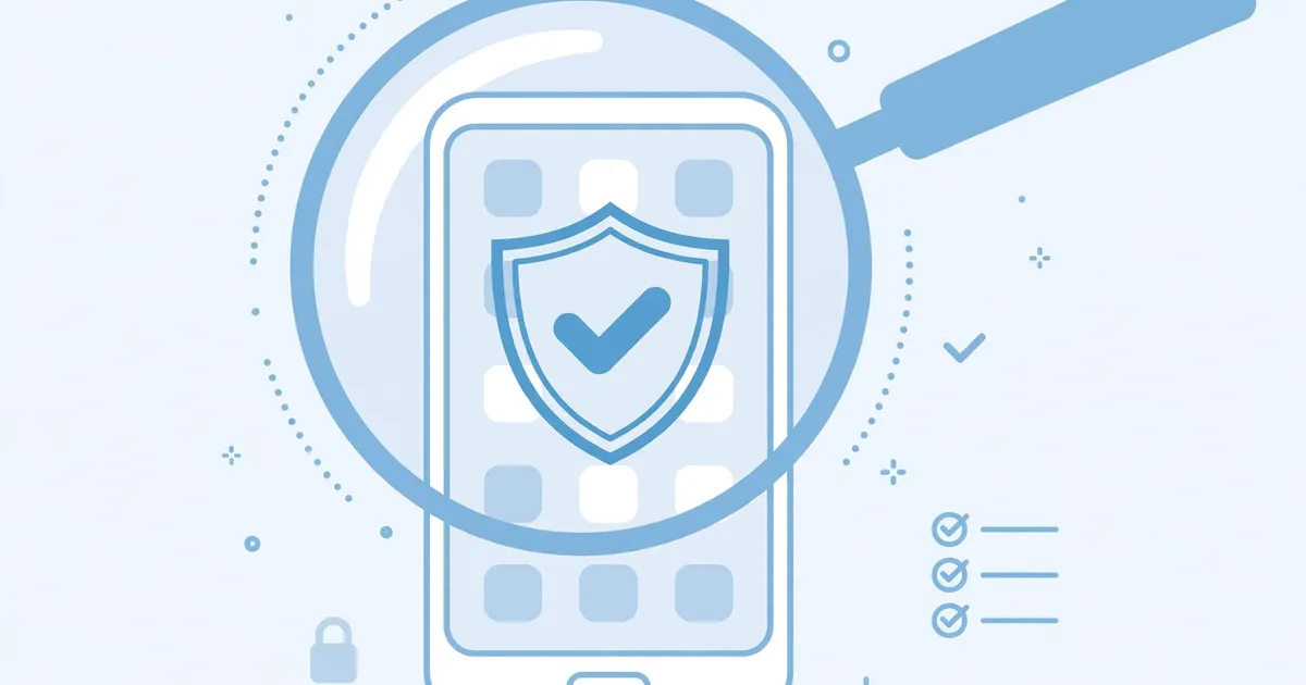 Smartphone with security shield and magnifier, app safety verification concept