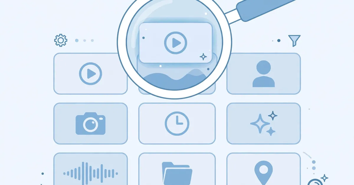 Magnifying glass over video thumbnails grid, smart search tips concept
