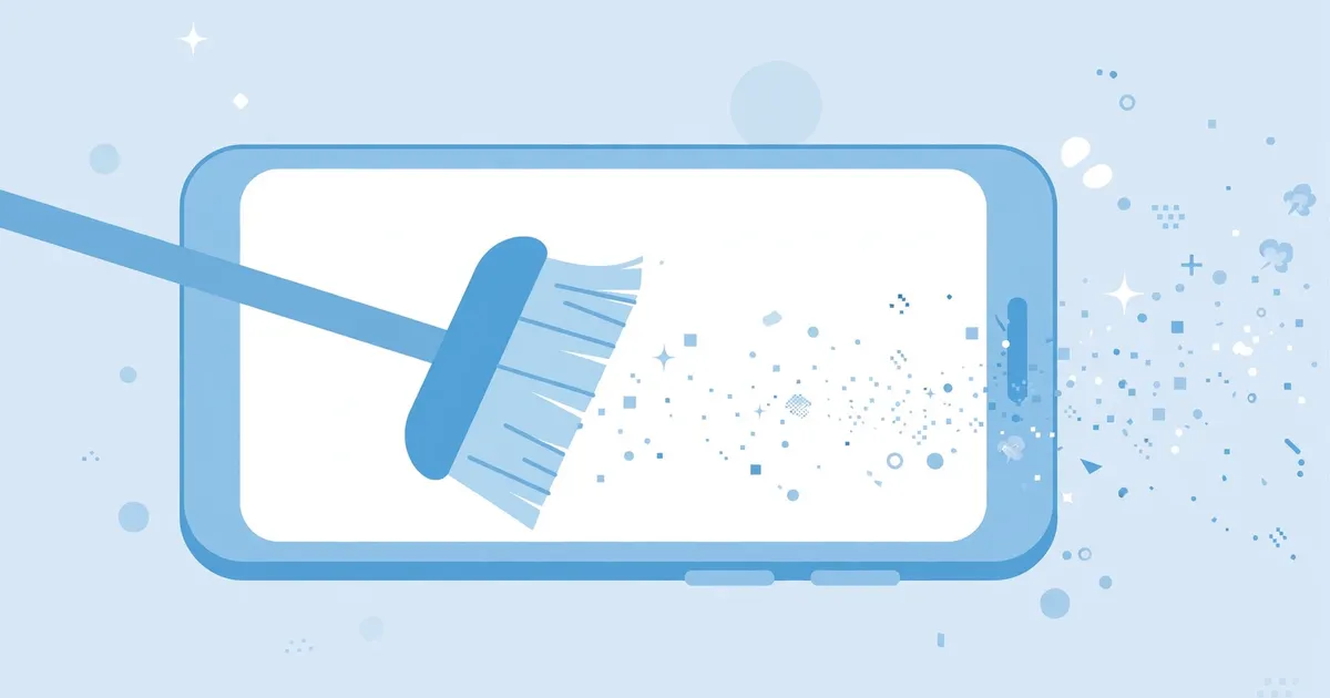 Smartphone with broom sweeping cache files, phone maintenance concept