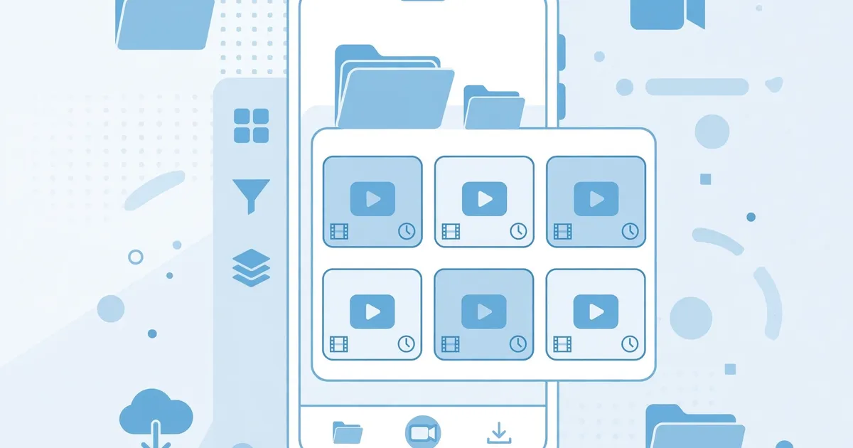 Smartphone with folder and video files, media library organization concept