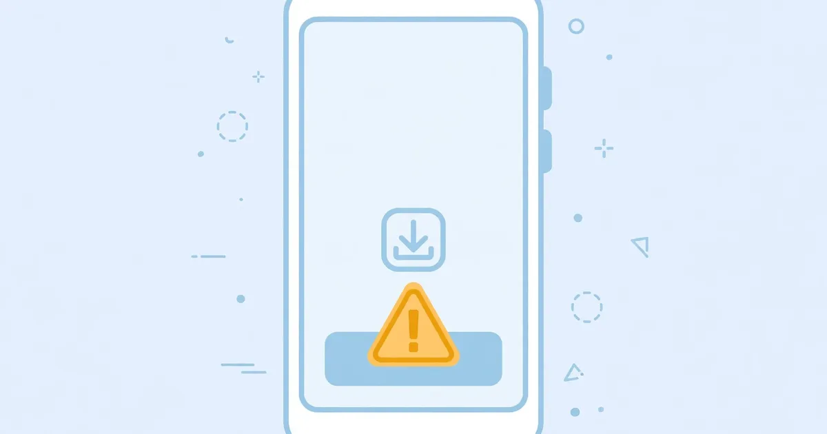 Phone screen with warning triangle and install icon, app installation error concept