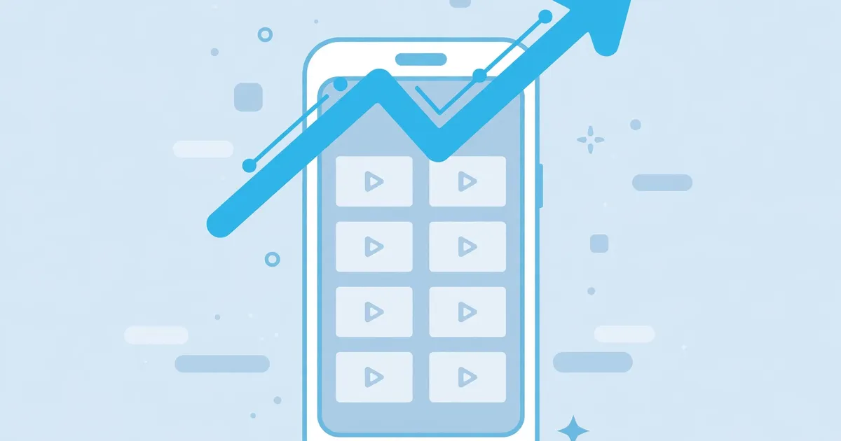 Smartphone with rising trend arrow and video thumbnails, trending videos concept